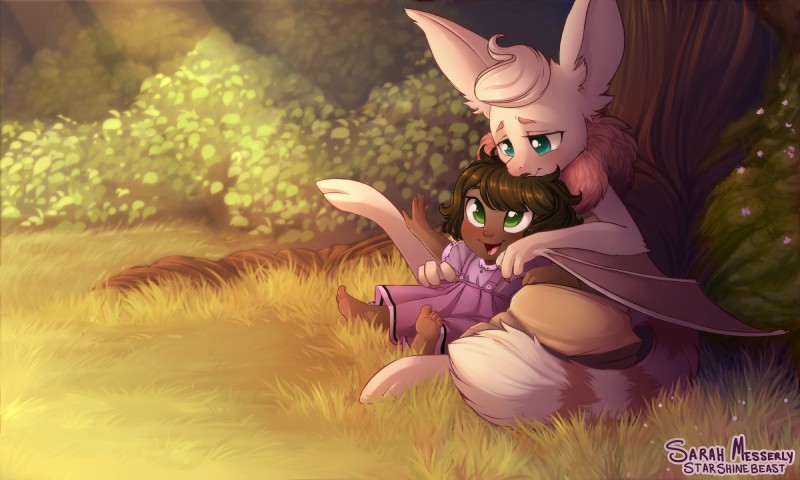 anthro bat_wings brown_hair clothed clothing duo female green_eyes hair membrane_(anatomy) membranous_wings neck_tuft outside plant tree tuft white_hair wings starshinebeast tamberlane_(comic) belfry_(tamberlane) tamberlane bat human mammal 5:3 hi_res