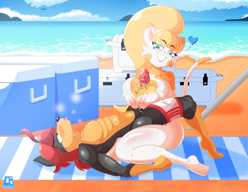 anthro beach big_breasts blonde_hair bodily_fluids box breast_play breasts container couples duo female genitals hair male male/female outside_sex penis pose red_hair romantic romantic_couple sex sweat sweaty_breasts sweaty_legs titfuck cranebear jessica_young_melis ryuichi_kiwamelu canid canine canis domestic_cat domestic_dog felid feline felis mammal absurd_res hi_res pinup