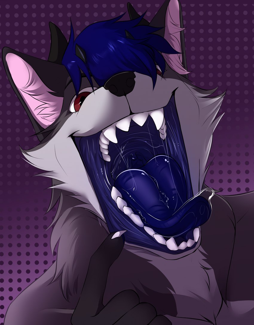 anthro blue_mouth bodily_fluids claws demonic demonic_eyes dripping evil_grin fangs fur glistening grey_body grey_fur horn male mouth_shot open_mouth pupils red_eyes saliva saliva_on_tongue saliva_string slit_pupils smile teeth tongue tongue_out uvula dery myth_(mythdawuff) canid canine canis demon dire_wolf mammal prehistoric_species wolf wolf_demon detailed hi_res