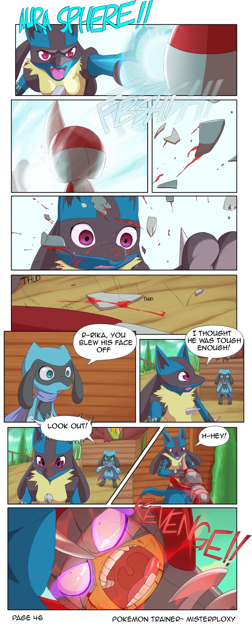 ambiguous_gender anthro blood blue_eyes bodily_fluids cart female fight revenge scarf text yellow_sclera masterploxy nintendo pokemon pokemon_trainer_8 generation_4_pokemon generation_5_pokemon lucario pawniard pokemon_(species) riolu absurd_res comic english_text hi_res