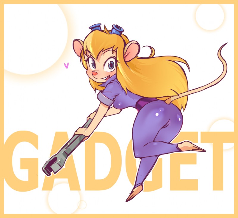 anthro blonde_hair blue_eyes blush butt butt_pose eyewear female goggles hair heart_symbol looking_at_viewer pose simple_background solo tools wrench yakibuta chip_'n_dale_rescue_rangers disney gadget_hackwrench mammal mouse murid murine rodent