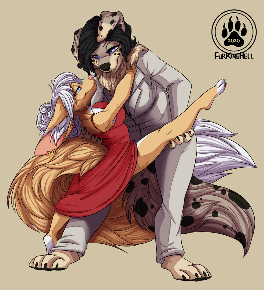 anthro black_hair blue_eyes brown_body brown_fur claws clothing dancing dipstick_tail dress duo female female/female fur hair markings multicolored_tail piercing smile spots suit tail tail_markings white_hair jesterghastly belladonna_van_eycker rose_dandy-ba canid canine fennec_fox fox hybrid mammal mink mustelid musteline true_fox true_musteline hi_res