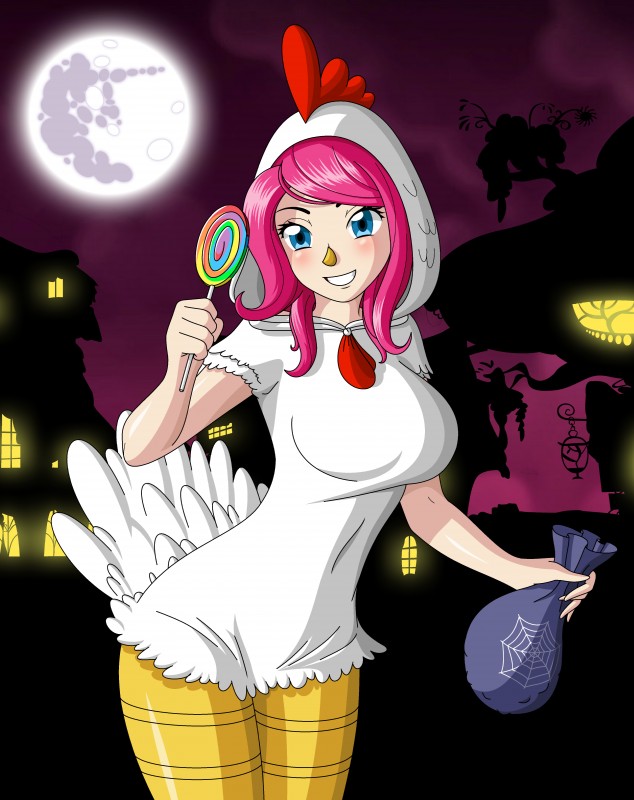 alternate_species big_breasts blue_eyes breasts candy chicken_costume clothed clothing costume dessert female food hair holidays humanized lollipop looking_at_viewer moon night not_furry outside pink_hair smile solo zantyarz friendship_is_magic halloween hasbro my_little_pony pinkie_pie_(mlp) human mammal 2014 absurd_res hi_res