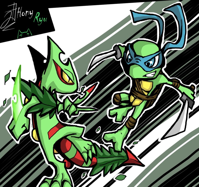 2_toes 3_fingers 3_toes anthro attack bandage bandage_on_face blue_eyes duo feet fight fingers green_body male melee_weapon sword tail toes weapon jhony_ryu nintendo pokemon teenage_mutant_ninja_turtles leonardo_(tmnt) generation_6_pokemon mega_evolution mega_sceptile pokemon_(species) reptile scalie turtle