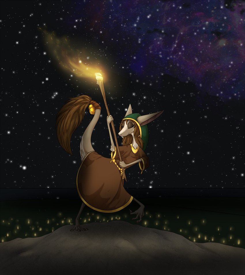 accessory anthro bell brown_clothing brown_hair brown_robe clothed clothing detailed_background eyes_closed female fire furgonomics hair hill holding_object holding_torch hood night on_one_leg outside robe sky smile solo standing star starry_sky tail tail_accessory tail_bell torch foximus_maximus valsalia out-of-placers sesra mammal yinglet 2020 digital_media_(artwork) hi_res