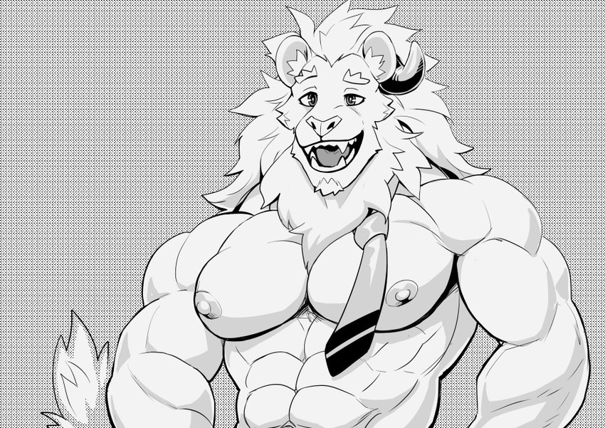 age_progression anthro areola biceps eyebrows horn inner_ear_fluff male mane muscular muscular_anthro muscular_male necktie nipples open_mouth open_smile pecs smile solo tuft mumu202 mumu_(mumu202) felid lion mammal pantherine monochrome