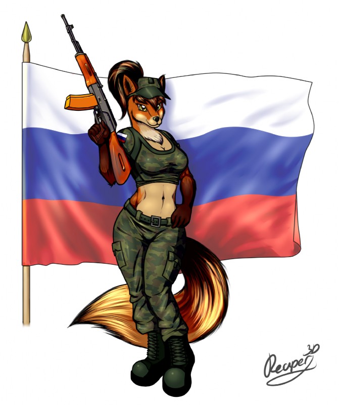 ak-74 ak_platform anthro assault_rifle boots breasts brown_hair cleavage clothed clothing female finial flag flag_(object) flag_(shape) flag_background flag_design flag_patch flagpole footwear gun hair hat headgear headwear holding_gun holding_object holding_ranged_weapon holding_rifle holding_weapon midriff navel patch_(fabric) ranged_weapon rifle russian_flag shoes solo weapon yellow_eyes reaper3d canid canine fox mammal red_fox true_fox digital_media_(artwork) hi_res shaded