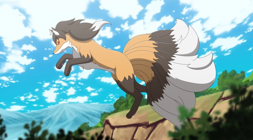 9_tails alternate_color black_body black_fur black_hair female feral fur hair head_fur multi_tail orange_body orange_fur red_eyes solo tail white_body white_fur all0412 nintendo pokemon foxxi canid canine generation_1_pokemon mammal ninetales pokemon_(species) hi_res