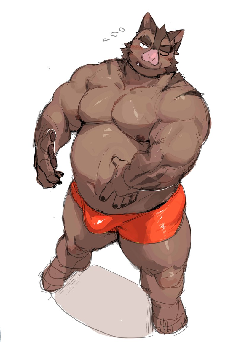 anthro belly blush brown_body bulge clothing humanoid_hands kemono male moobs navel nipples one_eye_closed overweight overweight_male simple_background solo underwear dubudubudubudub knights_college hermann_(knights_college) mammal suid suina sus_(pig) wild_boar 2024 absurd_res hi_res