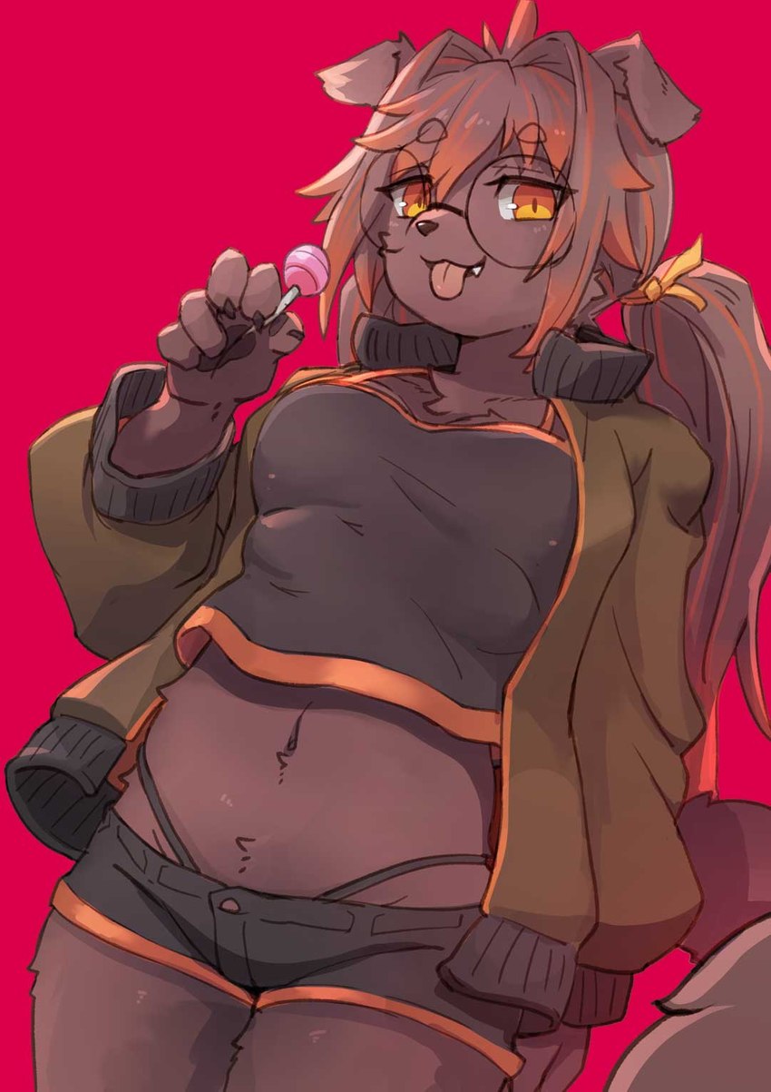 4_breasts anthro black_bottomwear black_clothing black_shorts black_topwear bottomwear breasts brown_body brown_ears brown_fur brown_hair brown_tail candy clothing dessert eyewear female floppy_ears food fur glasses hair highlights_(coloring) kemono lollipop looking_at_viewer midriff monotone_body monotone_fur multi_breast multicolored_bottomwear multicolored_clothing multicolored_hair multicolored_shorts multicolored_topwear orange_clothing orange_highlights orange_topwear pink_tongue round_glasses shorts simple_background solo tail tongue tongue_out topwear two_tone_bottomwear two_tone_clothing two_tone_hair two_tone_shorts two_tone_topwear underwear hanadaiteol oinu-chan_(hanadaiteol) canid canine canis domestic_dog mammal 2021 hi_res