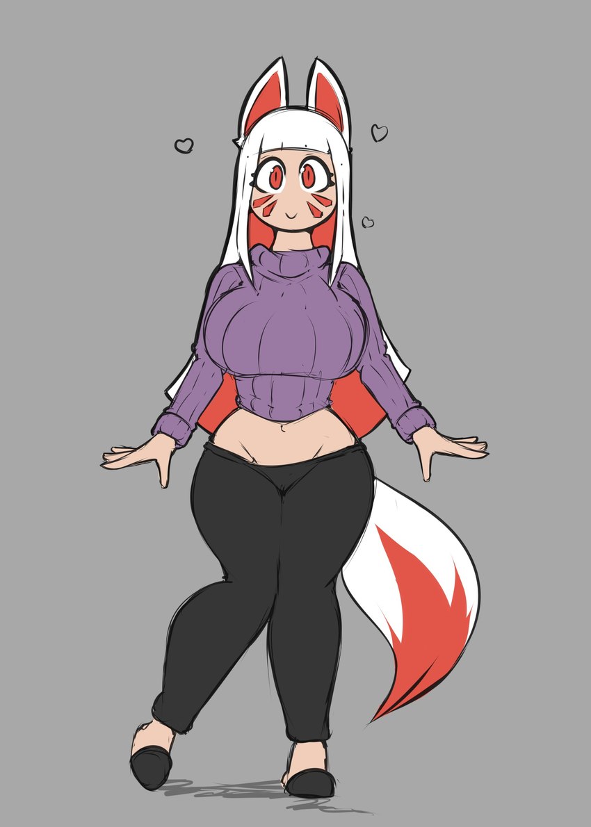 big_breasts bottomwear breasts clothed clothing cropped_sweater dipstick_tail facial_markings female footwear hair head_markings heart_symbol leggings legwear long_hair looking_at_viewer markings midriff pants red_eyes shoes simple_background slippers smile smiling_at_viewer solo standing sweater tail tail_markings thick_thighs topwear white_hair conditional_dnp quin-nsfw yuki_(quin-nsfw) animal_humanoid canid canid_humanoid canine canine_humanoid fox_humanoid humanoid mammal mammal_humanoid absurd_res digital_media_(artwork) hi_res