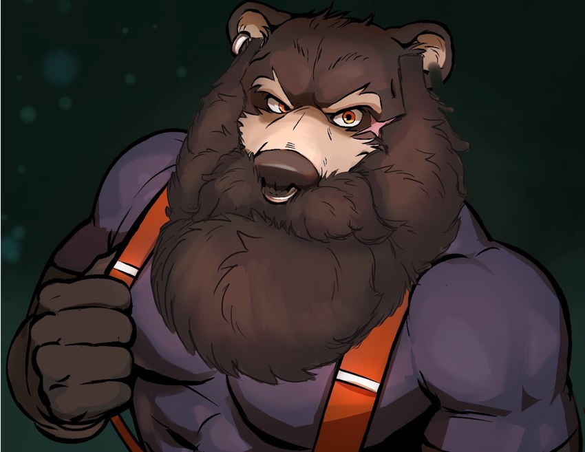 4_fingers abs anthro barazoku beard biceps big_beard big_biceps big_mustache big_pecs broken_tooth brown_arms brown_beard brown_body brown_ears brown_facial_hair brown_fingers brown_fur brown_hands brown_mustache brown_nose clothing countershade_face countershading daddyfication dark_beard dark_facial_hair dark_mustache ear_piercing eyebrows facial_hair facial_piercing facial_scar fangs fingers fur holding_suspenders humanoid_hands looking_at_viewer male manly monotone_beard monotone_facial_hair monotone_mustache mouth_covered muscular muscular_anthro muscular_arms muscular_male mustache nose_piercing orange_eyes pecs piercing scar septum_piercing shirt solo suspenders tan_eyebrows tan_face tan_inner_ear teeth thick_arms topwear ffizzy pokenerd8 third-party_edit bear brown_bear grizzly_bear mammal ursine 2023 bust_portrait digital_drawing_(artwork) digital_media_(artwork) hi_res portrait