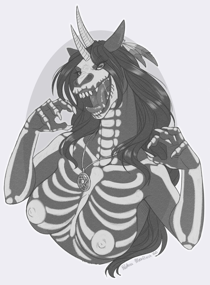 2_horns anthro areola bodily_fluids bodypaint breasts female horn jewelry necklace nipples occult_symbol open_mouth pentagram saliva skeleton_bodypaint solo symbol tongue tongue_out phathusa femtoampere_(character) bicorn equid equine mammal absurd_res hi_res monochrome