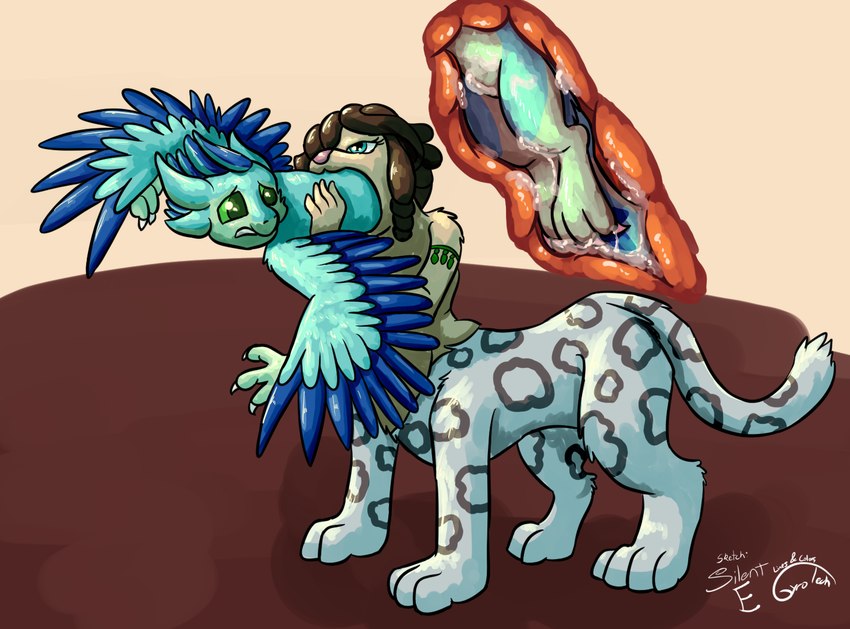 4_ears anthro anthro_prey blue_body blue_feathers bodily_fluids countershading dewclaw digitigrade drooling duo esophagus feathered_crest feathered_wings feathers female female_pred female_prey green_body green_eyes head_crest internal multi_ear oral_vore saliva taur_pred unwilling_prey vore winged_arms wings gyrotech silent_e luvashi avali felid mammal pantherine snow_leopard taur