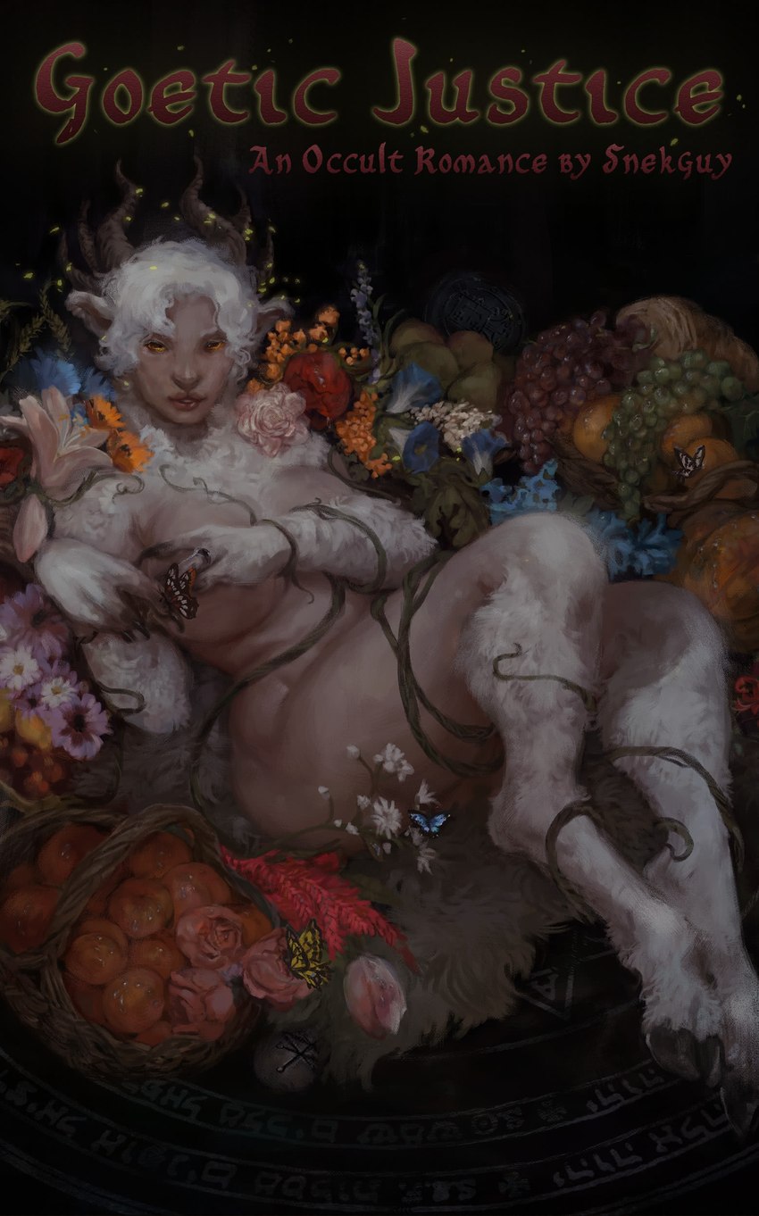 breasts female flower food fruit fur grape hair horn looking_at_viewer novel_cover open_mouth plant solo text vines white_body white_fur conditional_dnp oouna snekguy nahash_(snekguy) bovid caprine demon goat humanoid mammal absurd_res digital_media_(artwork) hebrew_text hi_res