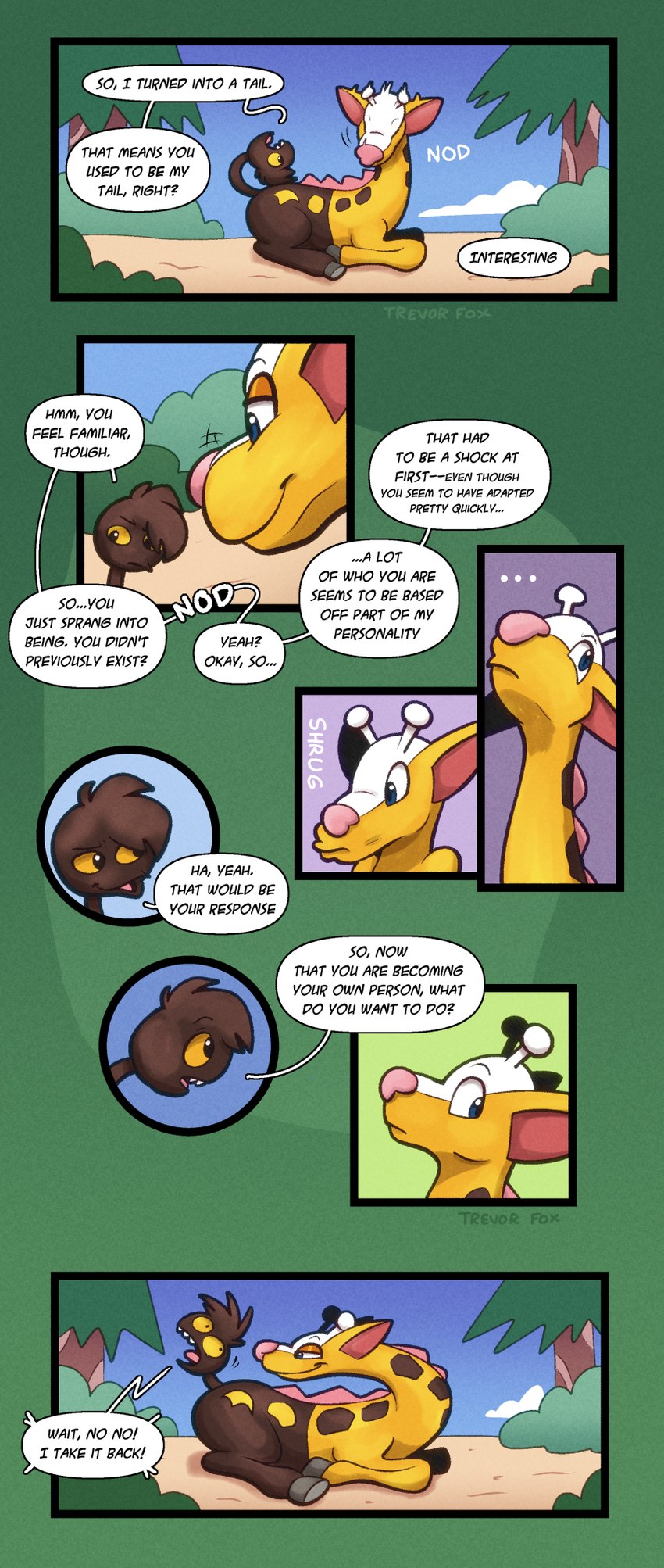 after_transformation brown_body brown_fur dialogue fur speech_bubble text transformation upside_down_transformation yellow_body yellow_fur trevor-fox nintendo pokemon generation_2_pokemon girafarig pokemon_(species) comic hi_res