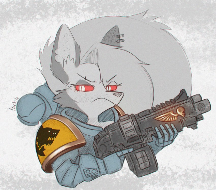 5_fingers adeptus_astartes anthro armor black_nose bolter cosplay crossover_cosplay ear_piercing ear_ring eye_through_hair female fingers frown fur fur_markings grey_body grey_fur grey_hair grey_markings gun hair half-closed_eyes holding_gun holding_object holding_ranged_weapon holding_weapon long_hair looking_at_viewer machine markings narrowed_eyes notched_ear piercing pointy_ears power_armor prick_ears ranged_weapon red_sclera ring_piercing snout solo space_marine translucent translucent_hair weapon white_body white_fur conditional_dnp freckelz helluva_boss mythology warhammer_(franchise) warhammer_40000 loona_(helluva_boss) space_wolves canid canid_demon canine demon hellhound mammal mythological_canine mythological_creature artist_name bust_portrait crossover hi_res portrait