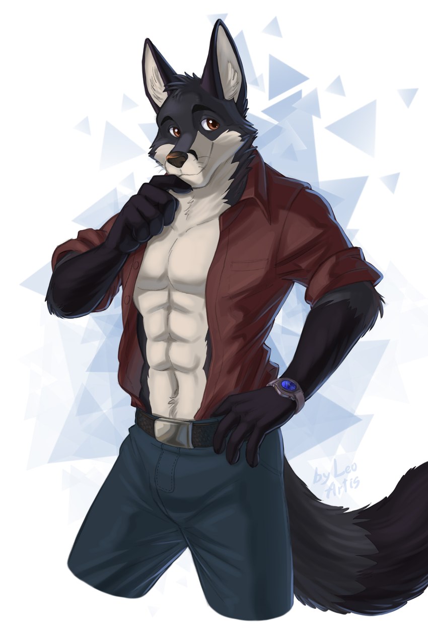 anthro belt belt_buckle blue_bottomwear blue_clothing blue_pants bottomwear buckle clock clothing finger_on_chin gradient_background male pants simple_background smile solo topwear triangle_(shape) watch leo-artis canid canine fox mammal 2022 2:3 absurd_res hi_res signature