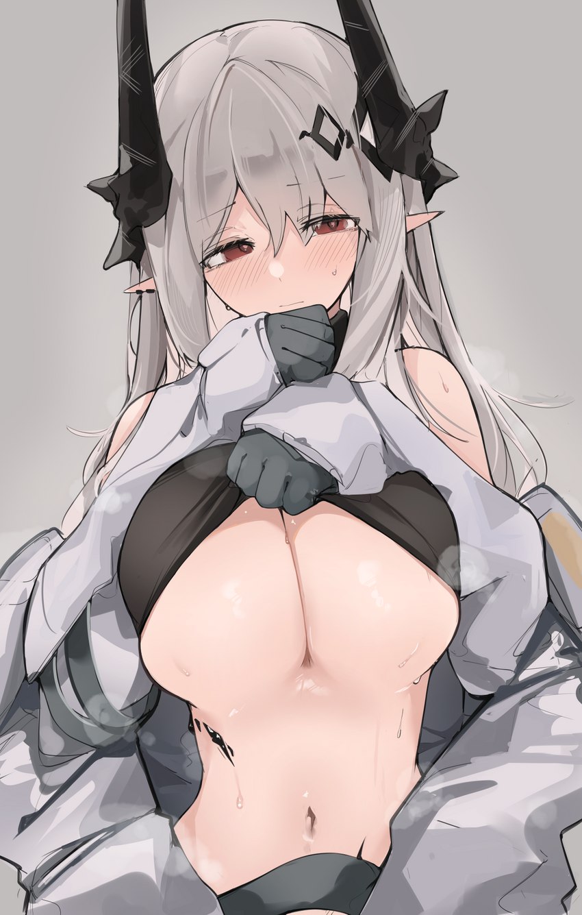 bedroom_eyes big_breasts blush bodily_fluids breasts clothed clothing clothing_lift female gloves handwear horn humanoid_pointy_ears looking_at_viewer narrowed_eyes navel seductive solo sweat under_boob undressing wide_hips mikojin arknights hypergryph studio_montagne mudrock_(arknights) horned_humanoid humanoid hi_res