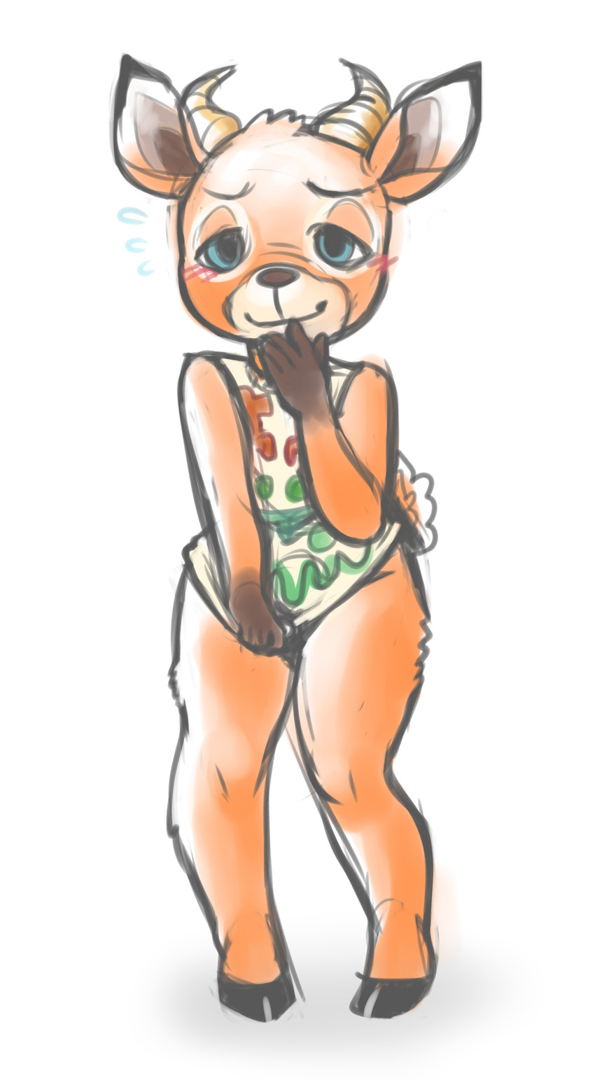 anthro bottomless clothed clothing femboy male pose shy simple_background solo suggestive white_background bluebun animal_crossing nintendo beau_(animal_crossing) antelope bovid mammal absurd_res hi_res pinup