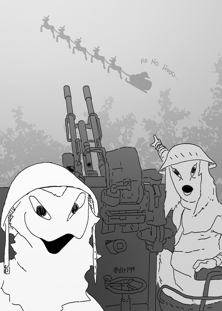 anthro armor chrismas duo gesture hand_gesture headgear heavy_weapon helmet holidays humor military open_mouth pointing pointing_at_another ranged_weapon smile soldier surprised_expression warrior weapon dlrp99 christmas oonyka_(dlrp99) santa_claus grajolio humanoid greyscale hi_res meme monochrome