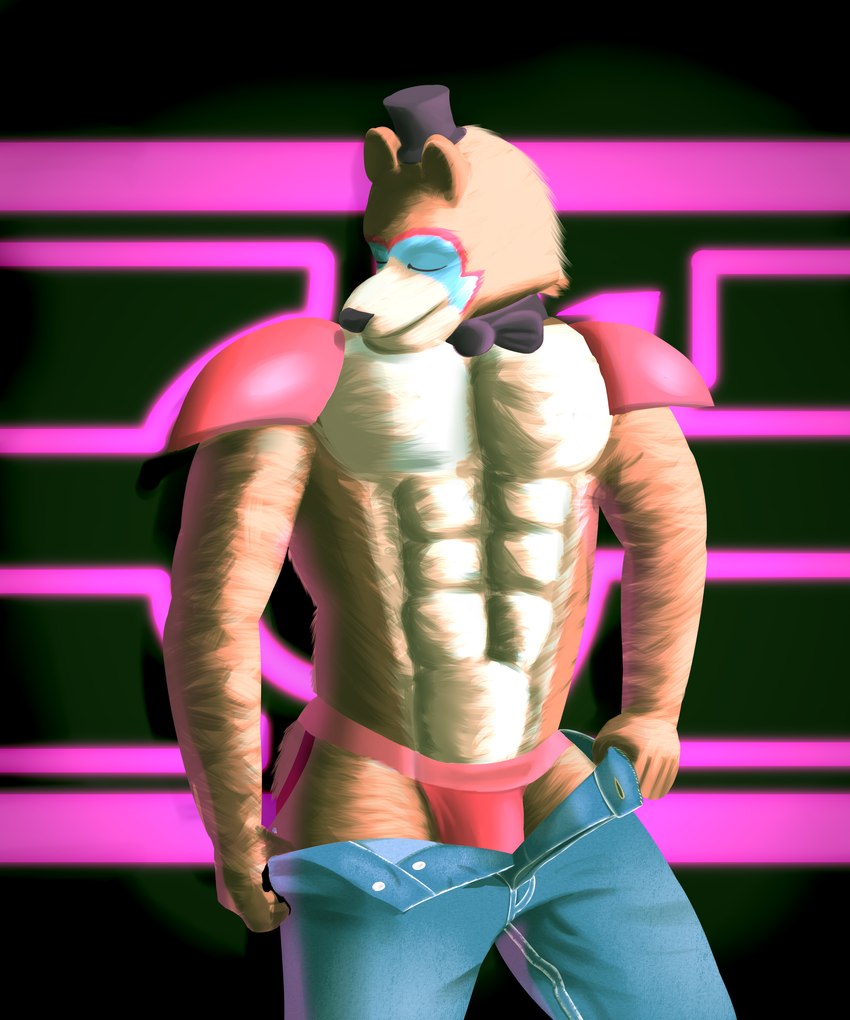 abs anthro athletic athletic_anthro athletic_male black_nose bottomwear brown_body bulge clothing denim denim_bottomwear denim_clothing eyes_closed jeans jockstrap machine makeup male muscular muscular_anthro muscular_male pants pecs simple_background solo underwear morinkashi five_nights_at_freddy's five_nights_at_freddy's:_security_breach scottgames steel_wool_studios glamrock_freddy animatronic bear mammal robot 2021 5:6 absurd_res hi_res