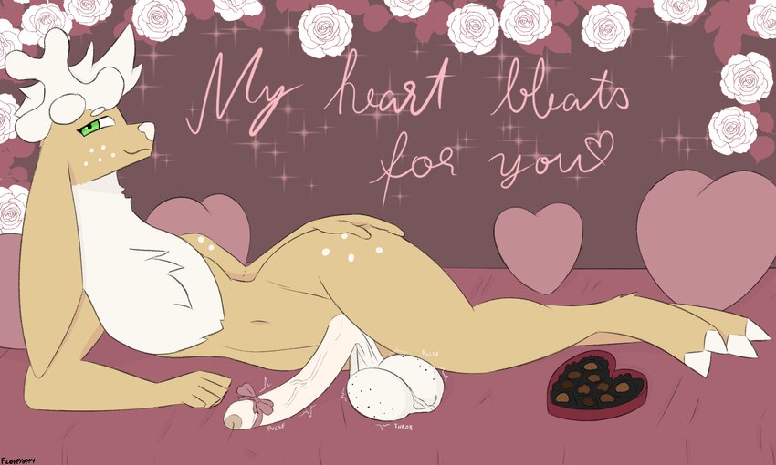 anthro antlers balls bed big_balls big_penis candy chocolate dessert food freckles furniture genitals holidays hooves horn huge_balls huge_penis inviting long_ears lying lying_on_bed male on_bed on_side penis pillow saggy_balls text throbbing throbbing_balls throbbing_penis floppyoppy valentine's_day durnan_(floppyoppy) deer mammal 5:3 hi_res