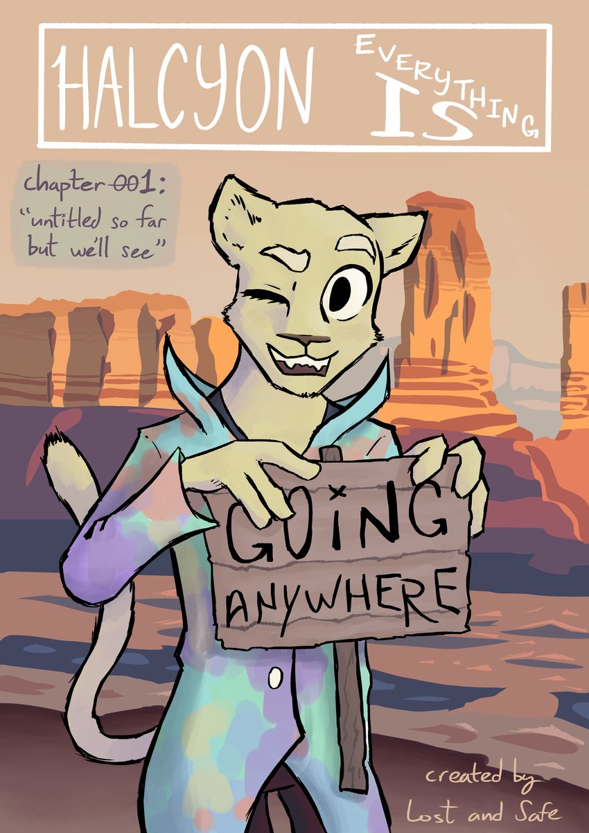 anthro blush clothed clothing coat desert detailed_background female fur holding_object holding_sign landscape looking_at_viewer mountain open_mouth outside sign signpost sky smile solo teeth text text_on_sign topwear trenchcoat lost_andsafe halcyon_(series) quinlan_(halcyon) felid lion mammal pantherine absurd_res colored comic cover cover_art cover_page digital_media_(artwork) english_text hi_res