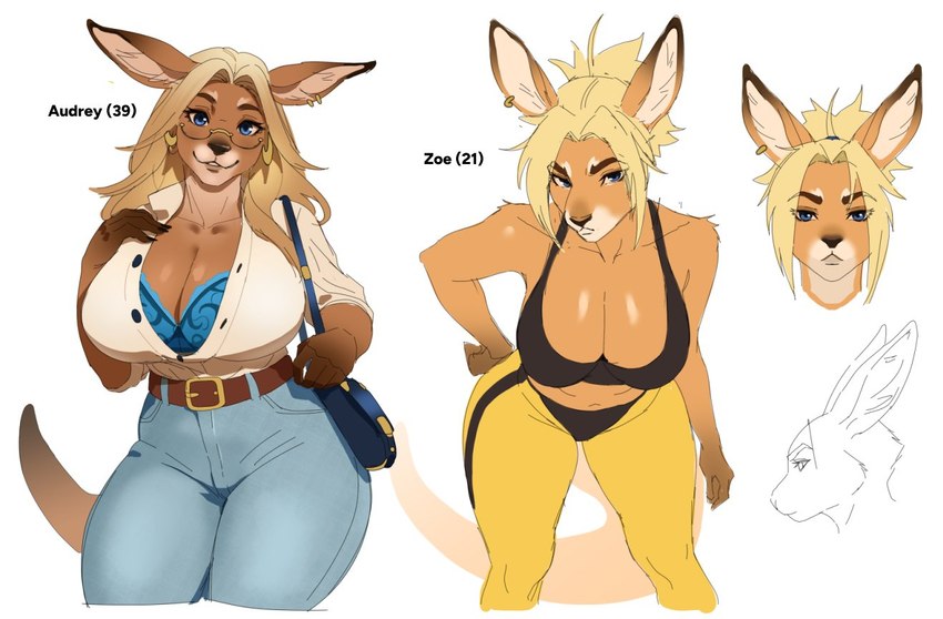 anthro big_breasts blonde_hair blue_eyes bottomwear bra breasts brown_body brown_fur cleavage clothed clothing denim denim_bottomwear denim_clothing duo eyewear female fur glasses hair huge_breasts jeans looking_at_viewer mature_female pants shirt simple_background smile sports_bra topwear unbuttoned_shirt underwear yoga_pants valtik audrey_roo roo_(valtik) zoe_roo kangaroo macropod mammal marsupial daughter_(lore) mother_(lore) mother_and_child_(lore) mother_and_daughter_(lore) parent_(lore) parent_and_child_(lore) parent_and_daughter_(lore)