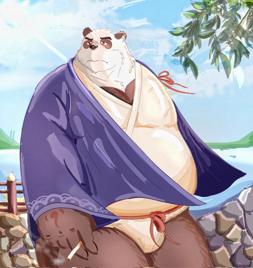 anthro asian_clothing belly big_belly black_nose clothing detailed_background east_asian_clothing fundoshi japanese_clothing kemono male outside overweight overweight_male plant smoking solo tree underwear water white_body white_clothing white_fundoshi white_underwear 0c95yzr015ps0j5 tengzai05 bear giant_panda mammal 2022 hi_res