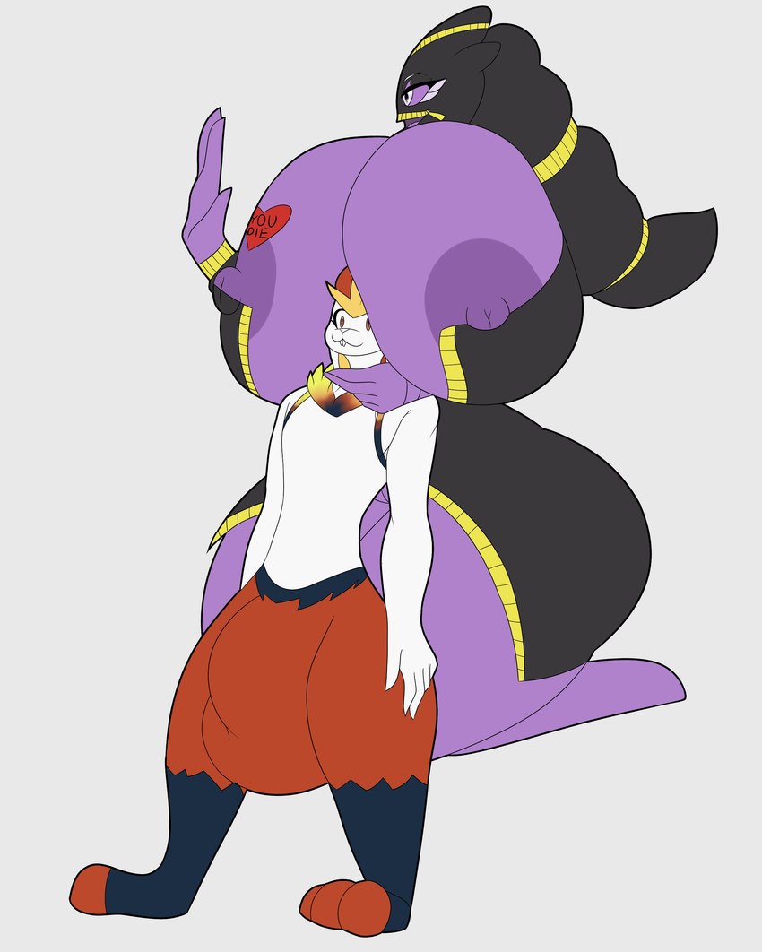 anthro big_breasts breasts buckteeth duo female heart_symbol huge_breasts male male/female purple_body smile teeth text white_body stemingbunbun nintendo pokemon hazby_o'neil cinderace generation_6_pokemon generation_8_pokemon mega_banette mega_evolution pokemon_(species) absurd_res english_text hi_res