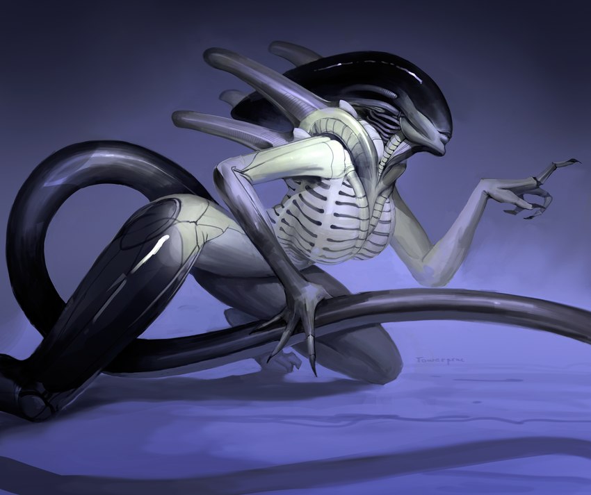 breasts claws female gesture hand_gesture nails pointing sharp_nails simple_background solo tail thick_thighs towerpractice alien_(franchise) alien humanoid xenomorph absurd_res hi_res