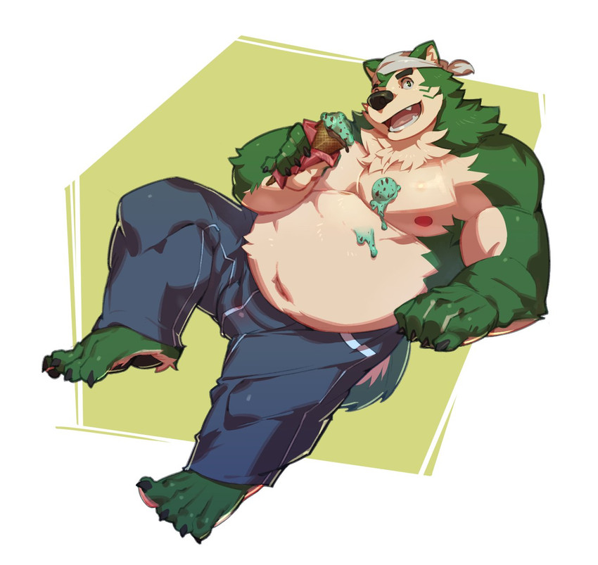 anthro belly clothed clothing dessert food fur green_body green_fur ice_cream kerchief male mint_chocolate_chip musclegut muscular nipples slightly_chubby solo topless kourney lifewonders live_a_hero mokdai canid canine canis domestic_dog mammal hi_res