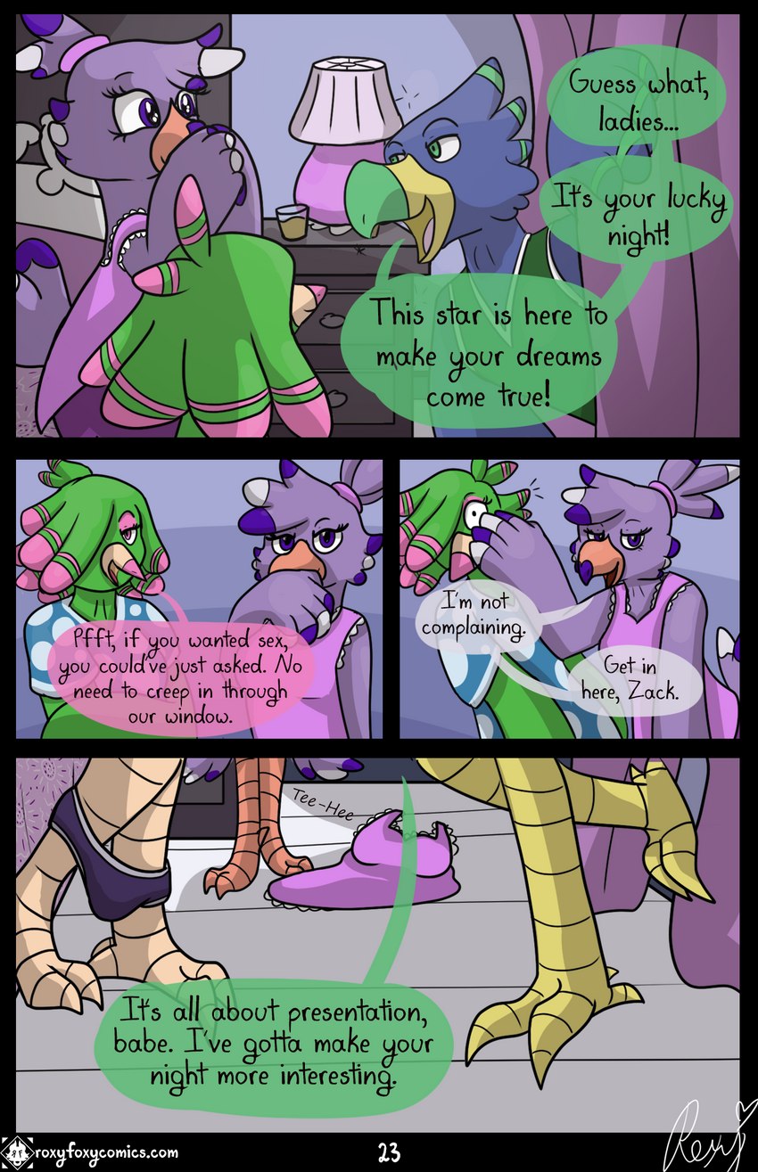 alcohol anthro bedroom beverage clothed clothing drunk female group intruder male substance_intoxication text trio undressing roxythefoxy avian bird parrot comic english_text hi_res