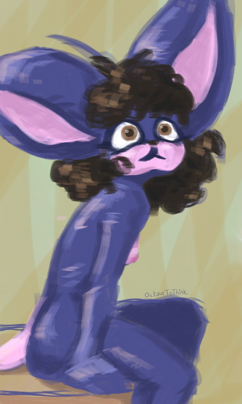 afro anthro big_ears blue_body breasts brown_eyes brown_hair curled_hair female hair leaning leaning_forward looking_up nipples pink_nipples pink_tail sitting solo tail conditional_dnp octavetothink kayari_(octavetothink) mammal mouse murid murine rodent 2024 3:5 digital_drawing_(artwork) digital_media_(artwork) hi_res sketch