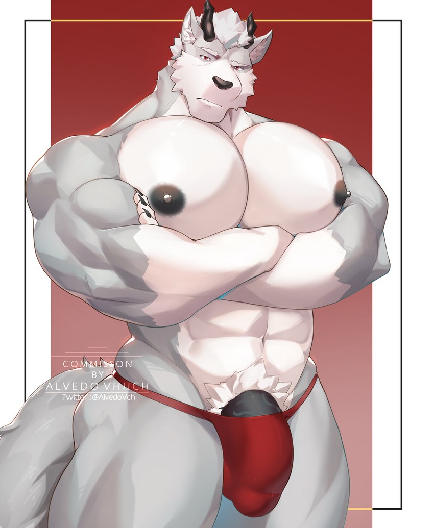 abs anthro barazoku barely_contained biceps black_nipples black_nose bulge clothed clothing crossed_arms fur genitals grey_body grey_fur hair horn humanoid_genitalia humanoid_penis looking_at_viewer male muscular muscular_anthro muscular_male nipples partially_clothed pecs penis penis_base red_eyes simple_background solo speedo speedo_only swimwear tail topless topless_anthro topless_male underwear vein veiny_penis white_body white_fur white_hair alvedo_vhiich jhar_othim_(character) canid canine canis mammal wolf absurd_res digital_media_(artwork) hi_res