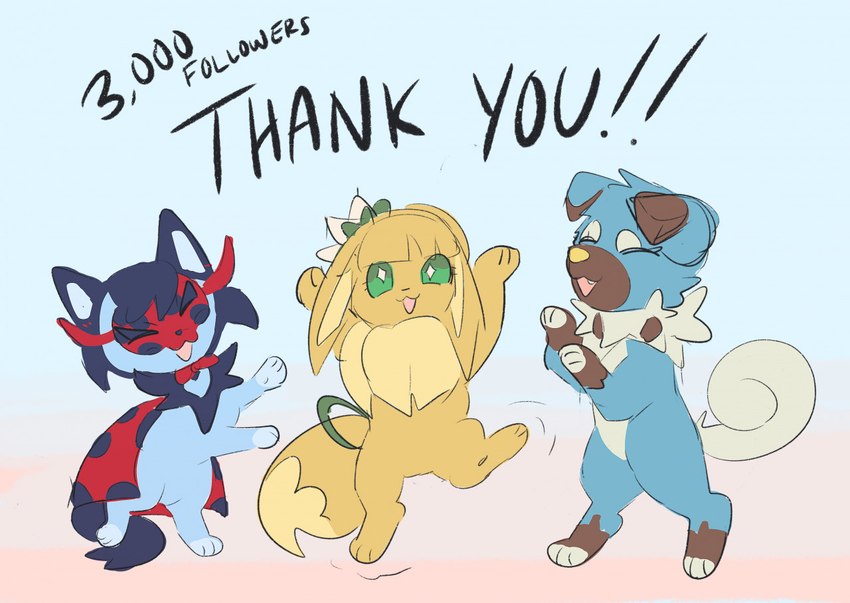 ambiguous_gender blue_body blue_fur feral follower_number fur group happy open_mouth open_smile smile thank_you trio bloowolfy nintendo pokemon aries_(bloowolfy) canid canine eevee felid feline generation_1_pokemon generation_7_pokemon mammal pokemon_(species) rockruff 2022