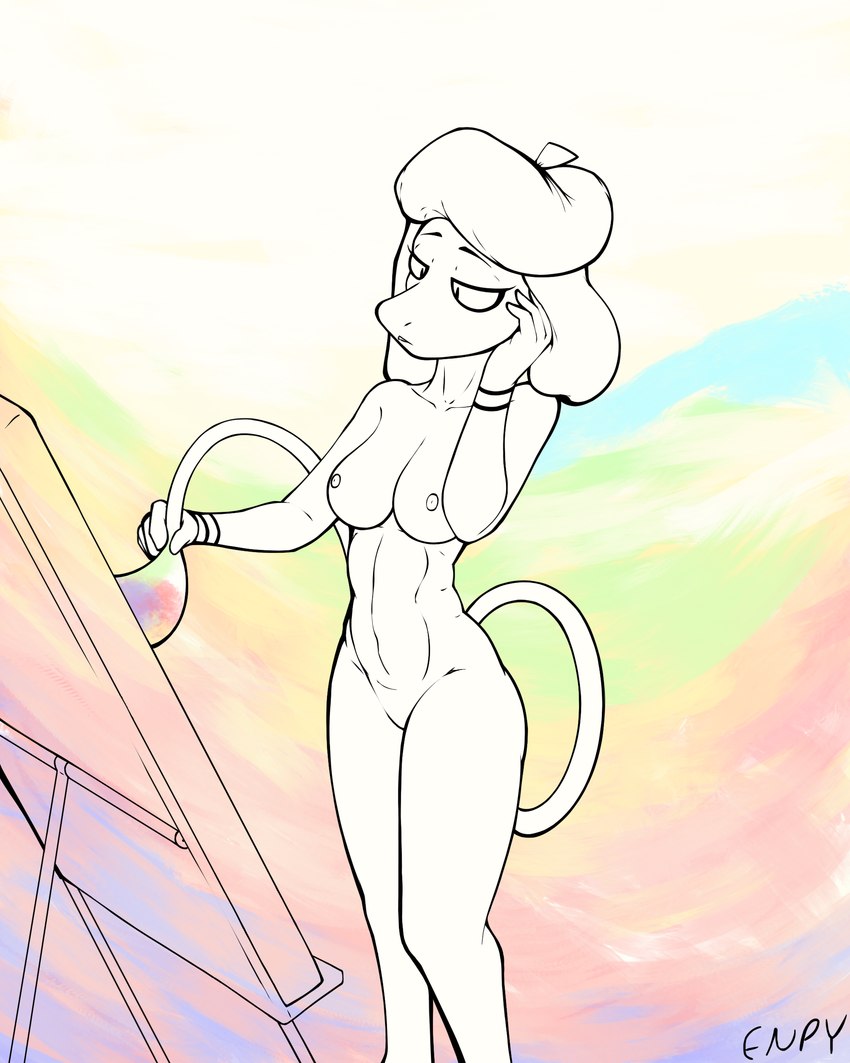 abs anthro artist biped breasts female female_anthro nipples nude painted_background painting solo tail white_body enpy nintendo pokemon merla_(enpy) canid canine generation_2_pokemon mammal pokemon_(species) smeargle absurd_res digital_media_(artwork) hi_res line_art