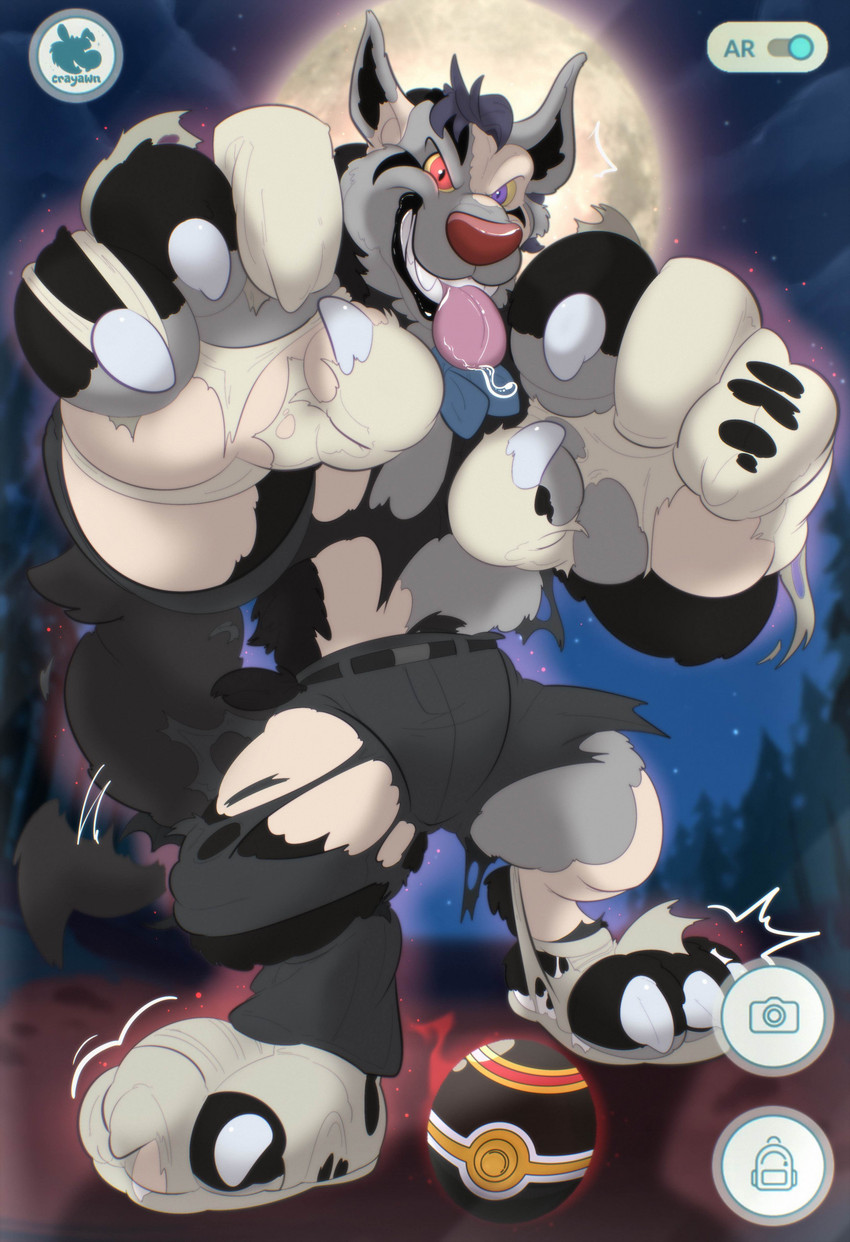 3_toes 4_fingers anthro belt biped black_body black_fur black_lips blurred_background bodily_fluids bottomwear camera_view cheek_tuft claws clothing depth_of_field destroyed_clothing digitigrade drooling facial_tuft fangs feet finger_claws fingers fluffy fluffy_tail footwear forest full_moon fur fur_growth gloves glowing grey_body grey_fur grey_hair growth hair handwear head_tuft human_to_anthro lips logo luxury_ball male mid_transformation moon motion_lines multicolored_body multicolored_fur night on_one_leg open_mouth outside pants paws plant pokeball pupils purple_eyes raised_foot reaching_towards_viewer red_eyes red_nose saliva shirt shoe_burst shoes sky slit_pupils smoke snout solo species_transformation standing star starry_sky straining_footwear stylized tail tearing_clothing tearing_gloves tearing_pants tearing_shirt tearing_shoes teeth tight_clothing tight_footwear tight_shoes toe_claws toes tongue tongue_out topwear torn_bottomwear torn_clothing torn_gloves torn_handwear torn_pants torn_shirt torn_shoes torn_topwear transformation tree tuft two_tone_body two_tone_fur white_claws yellow_sclera cray.awn nintendo pokemon generation_3_pokemon human mammal mightyena pokemon_(species) werecreature werepokemon 2026 artist_logo hi_res shaded smaller_version_at_source