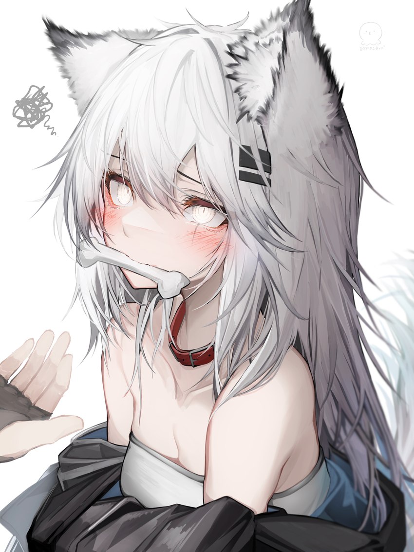 black_body black_fur blush bone bone_in_mouth breasts cleavage clothed clothing collar disembodied_hand duo female female_focus female_humanoid fluffy_ears fur grey_body grey_fur grey_hair hair humanoid_focus inner_ear_fluff long_hair mouth_hold object_in_mouth solo_focus tuft white_body white_eyes white_fur tabhead arknights hypergryph studio_montagne lappland_(arknights) animal_humanoid canid canid_humanoid canine canine_humanoid humanoid mammal mammal_humanoid wolf_humanoid 2022 absurd_res digital_media_(artwork) hi_res translated_description