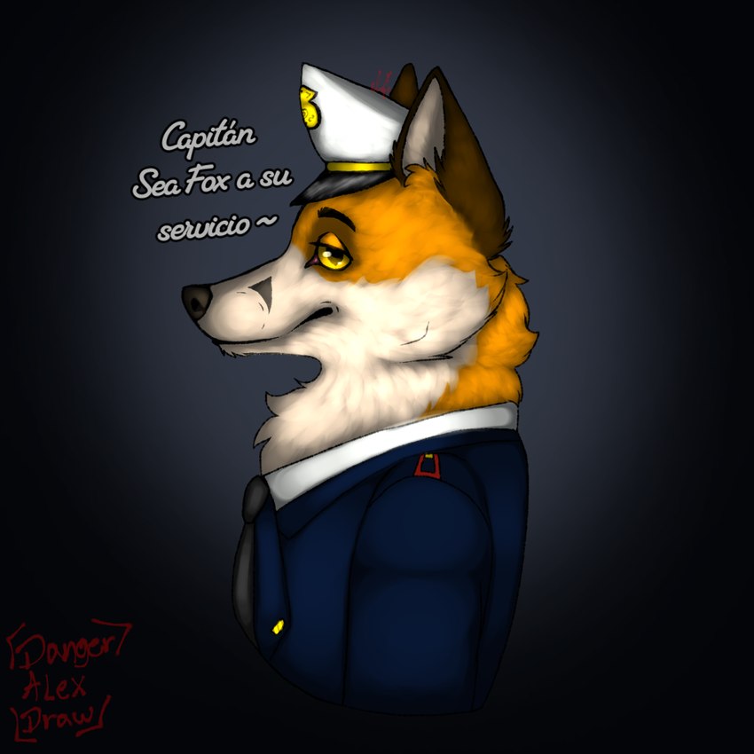 anthro black_nose black_tie_(suit) clothing fur hat headgear headwear male marine_hat orange_body orange_fur peaked_cap solo suit uniformed_male white_clothing white_hat white_headwear yellow_eyes danger_alex_draw sea_fox canid canine fox mammal 1:1 colored half-length_portrait portrait