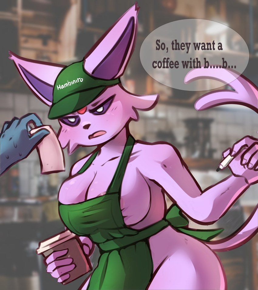 5_fingers anthro apron apron_only areola beverage big_breasts breasts clothing coffee coffee_shop female fingers fur gem hat headgear headwear marker open_mouth pink_areola pink_body pink_fur purple_eyes red_gem solo speech_bubble tail text white_eyes hambinito nintendo pokemon anon eeveelution espeon generation_2_pokemon mammal pokemon_(species) english_text hi_res