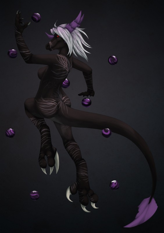 anthro black_background black_body breasts claws female hair horn looking_at_viewer non-mammal_breasts nude orb red_eyes simple_background smile solo tail white_hair runicnature mythology asphyxia_arlen dinosaur dragon dromaeosaurid mythological_creature mythological_scalie prehistoric_species reptile scalie theropod velociraptor hi_res