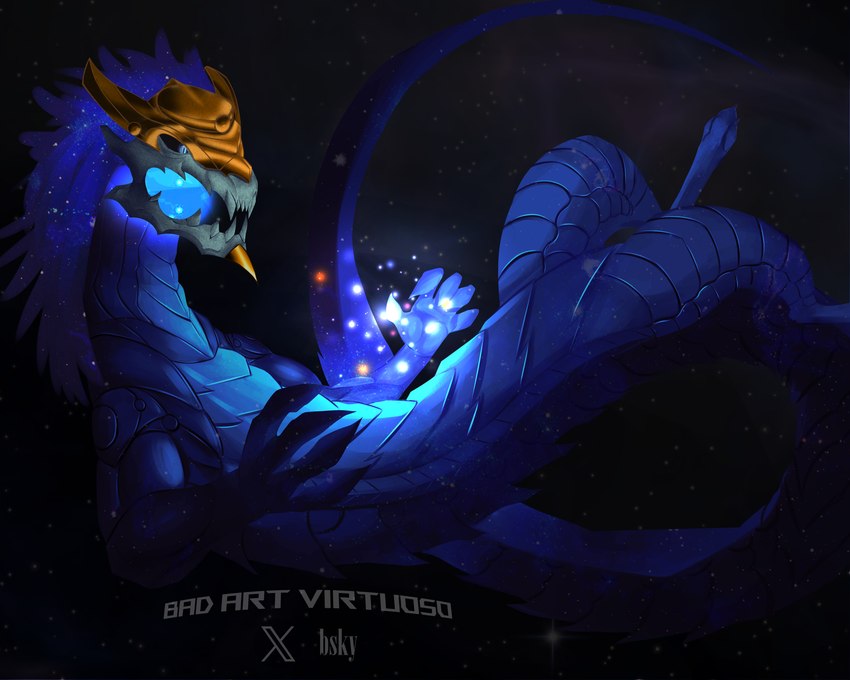 blue_body bone crown feral gold_(metal) headgear male skull skull_head solo space tail badartvirtuoso league_of_legends mythology riot_games tencent aurelion_sol_(lol) dragon mythological_creature mythological_scalie scalie 5:4 hi_res