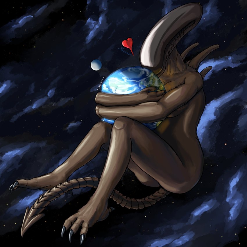 3_toes 5_fingers black_body breasts city_lights claws cloud detailed_background dorsal_tubes earth extreme_size_difference eyeless feet female finger_claws fingers gentle_giant giga heart_symbol hug hugging_planet interplanetary_macro light love macro micro moon nebula not_furry nuzzling planet planet_dwarfing sea sharp_tail size_difference smile smooth_skin solo space spacescape star sunlight tail terra_macro text toe_claws toes water shadowhide alien_(franchise) x_(shadowhide) alien alien_humanoid humanoid xenomorph 1:1 2020 digital_drawing_(artwork) digital_media_(artwork) english_text hi_res lighting shaded signature