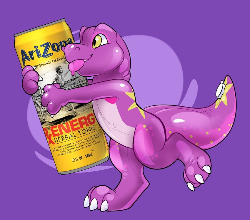 anthro beverage_can hug hugging_object inflatable male pool_toy simple_background solo tongue tongue_out yellow_eyes rindeadsong arizona_iced_tea zoran animate_inanimate dinosaur living_inflatable prehistoric_species reptile scalie theropod tyrannosaurid tyrannosauroid tyrannosaurus tyrannosaurus_rex hi_res