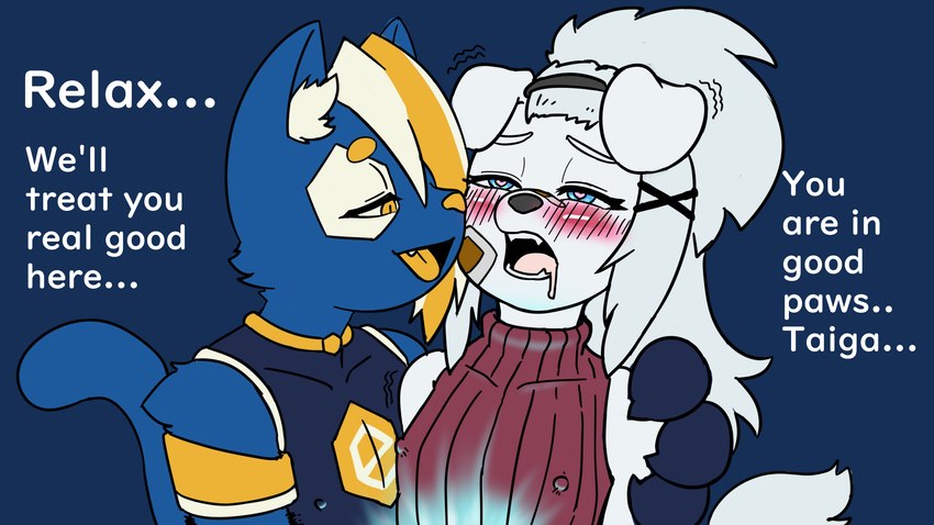 4_fingers accessory ahegao anthro arm_tuft band-aid bandage bandage_on_face bandage_on_nose black_nose blonde_eyebrows blonde_highlights blue_body blue_eyes blue_fur blush bodily_fluids cheek_tuft claws clothed clothing drooling duo erect_nipples eye_markings eyebrows eyelashes facial_tuft femboy fingers fur glistening glistening_eyes hair headband heart_eyes heart_symbol highlights_(coloring) inner_ear_fluff looking_pleasured male male/male markings mascot nipple_outline nipples open_mouth pink_tongue saliva shoulder_tuft sweater tail teeth teeth_showing text tongue topwear tuft white_body white_fur white_hair white_inner_ear yellow_eyes yellow_nose yellow_tongue chizi e621 vtuber hexerade taigaxholic canid canine canis domestic_cat domestic_dog felid feline felis mammal 16:9 digital_media_(artwork) english_text hi_res widescreen