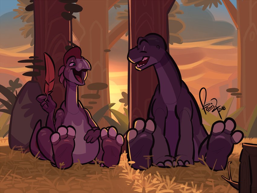 3_toes adolescent anthro barefoot claws countershade_feet countershading duo feet feet_up feral foot_focus forest looking_at_another male paws plant smile soles toe_claws toes tree young young_feral young_male benj24 don_bluth the_land_before_time ali_apatosaurus ruby_(the_land_before_time) dinosaur prehistoric_species reptile scalie 4:3