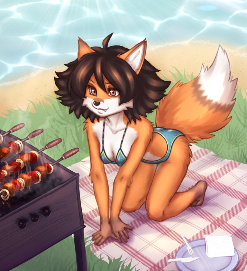 anthro bikini clothing female food hair kebab outside shashlik shish_kebab solo swimwear two-piece_swimsuit elronya astra_maple canid canine fox mammal