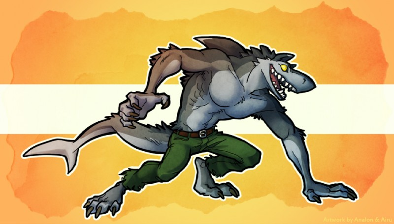 anthro armpit_hair body_hair claws fangs male open_mouth solo tail teeth yellow_eyes airu analon_(artist) canid canine canis fish hybrid mammal marine shark wolf artist_collaboration